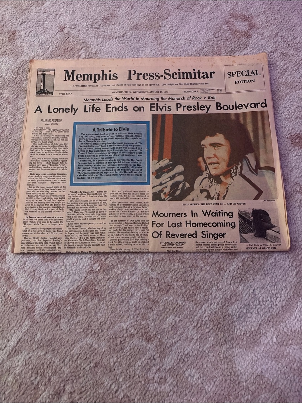 Vintage Memphis Press-Scimitar Newspaper Replica in Beige